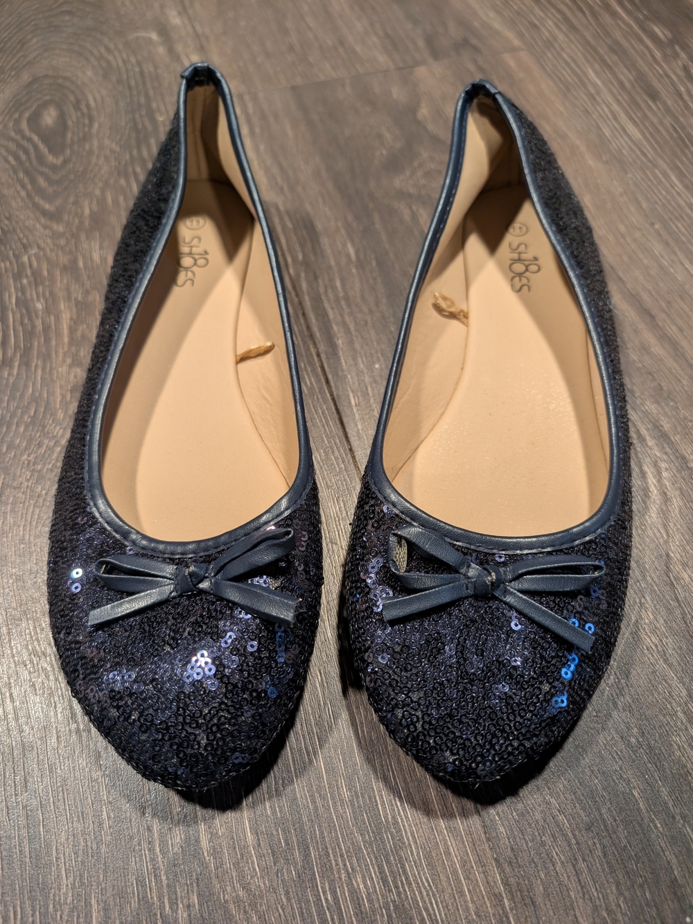 Navy Blue Sequin Ballet Flats Size 11 Sparkle Bow Slip On Shoes